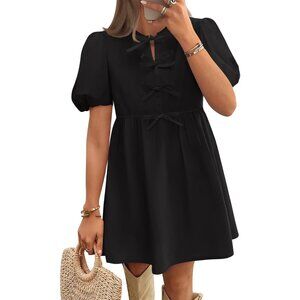 Women's Summer Short Sleeve Tie Front Mini Babydoll Dress Cute Ruffle Pleated
